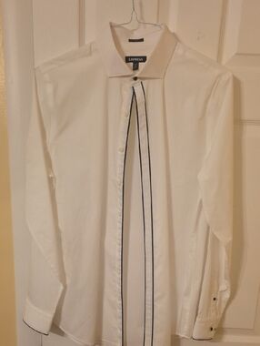 Express White Dress Shirt with Navy Stripe Detail
